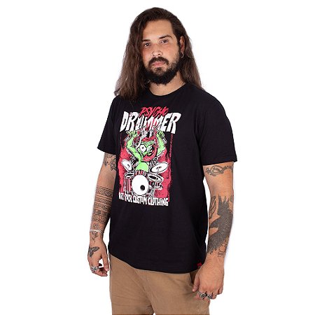 Camiseta Bateria Psycho Drummer Preta.