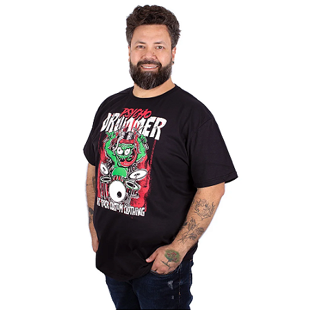Camiseta Plus Size Bateria Psycho Drummer Preta.