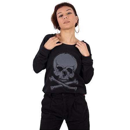 Moletinho Feminino Raglan Caveira Contorno Preto