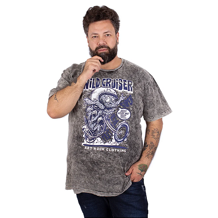 Camiseta Plus Size Estonada Moto Wild Cinza Marmorizada.