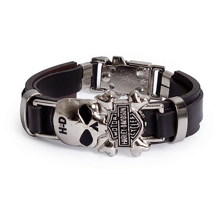 Pulseira Em Couro e Aço Inoxidável Caveira Harley Preta