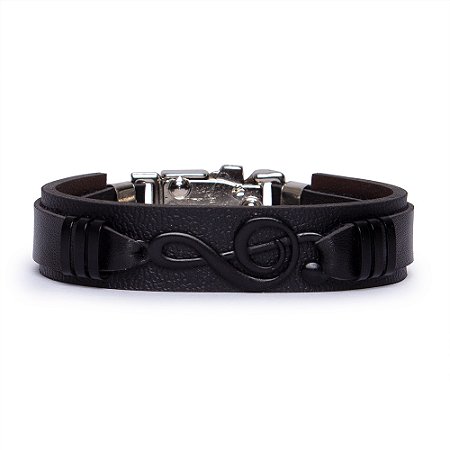 Pulseira Em Couro e Aço Inoxidável Clave de Sol Preta