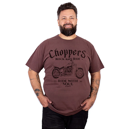 Camiseta Plus Size Estonada Moto Choppers Soul Marrom.