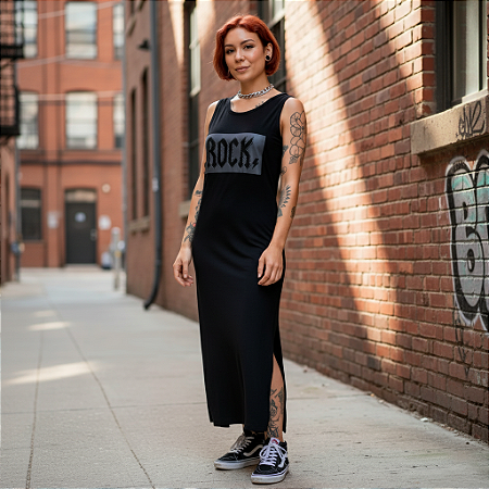 Vestido Tubinho Abertura Lateral Rock Aplique