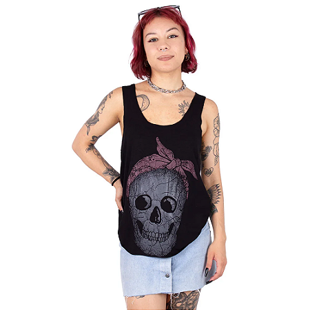 Regata Feminina Caveira Laço Preta