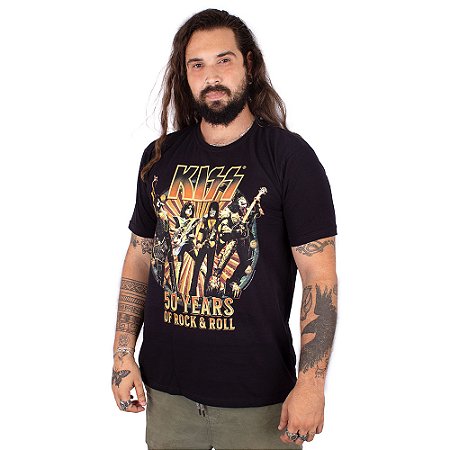 Camiseta Kiss 50 Years Of Rock & Roll Preta Oficial