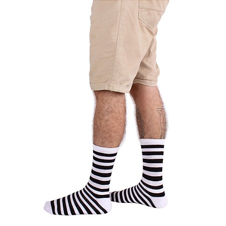 Meia Cano Longo Listrada Preta e Branca