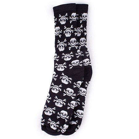 Meia Cano Longo Caveirinhas Preta