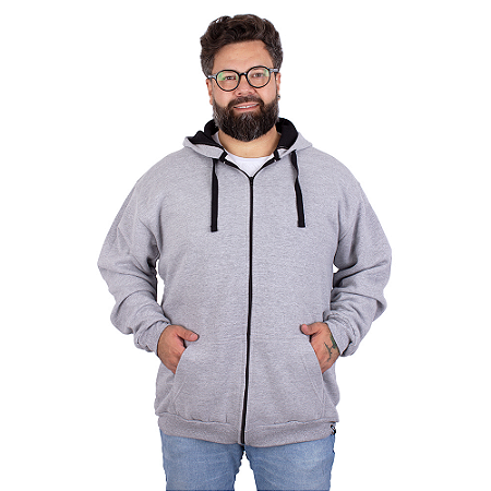 Moletom Canguru Zíper Básico Cinza Mescla