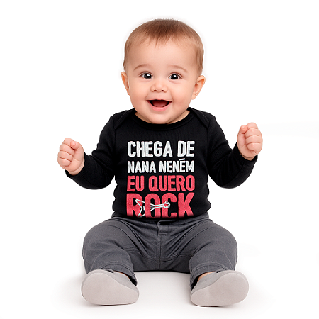 Body Bebê Manga Longa Quero Rock Preto