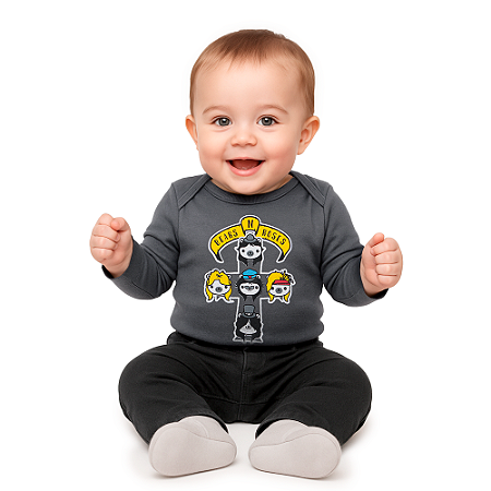 Body Bebê Manga Longa Bears N Roses Cinza Chumbo