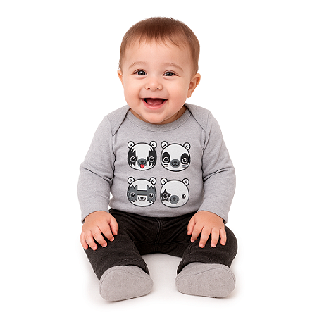 Body Bebê Manga Longa Kiss Bear Cinza Mescla