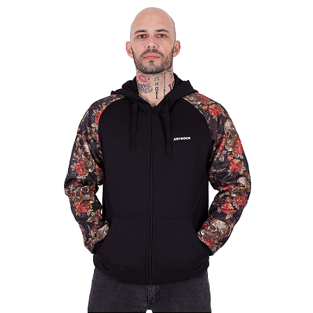 Moletom Canguru Raglan Caveira Floral Preto