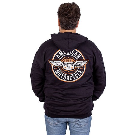 Moletom Canguru Zíper Moto American Preto