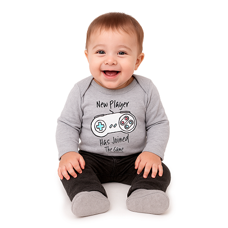 Body Bebê Manga Longa Novo Jogador Video Game Cinza Mescla