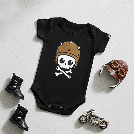 Body Bebê Caveirinha Motoqueira Preto