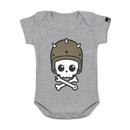 Body Bebê Caveirinha Motoqueira Cinza Mescla