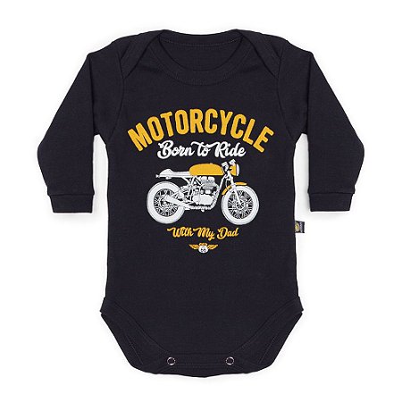 Body Bebê Manga Longa Moto Com Papai Preto