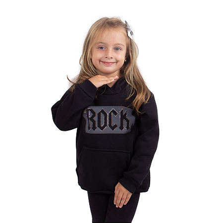 Moletom Canguru Infantil Rock Aplique Preto