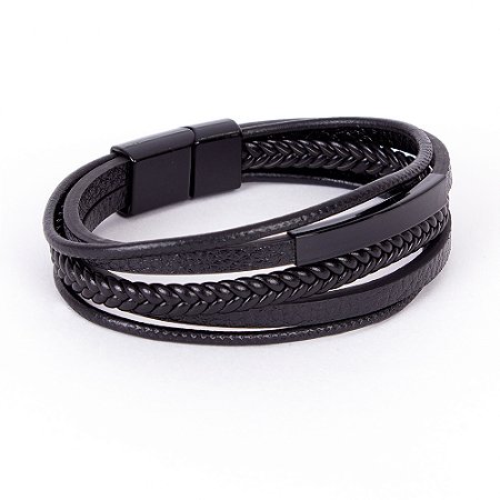 Pulseira Masculina Em Couro e Aço Inoxidável Preta