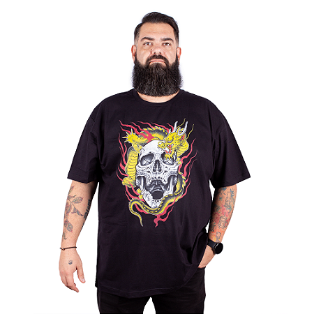Camiseta Plus Size Christian Arae Caveira e Dragão Preta.
