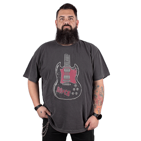 Camiseta Plus Size Estonada Rock SG Guitarra Preta.