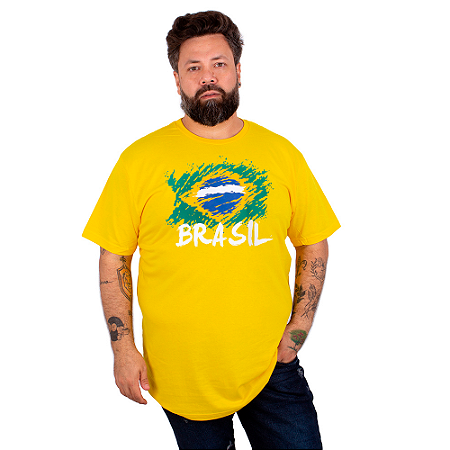 Camiseta Plus Size Brasil Bandeira Copa Amarela.