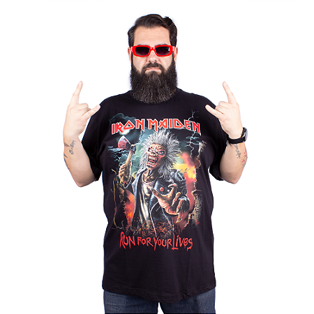 Camiseta Plus Size Iron Maiden Run For Your Lives Preta - Oficial
