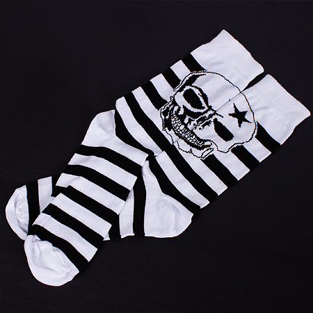 Meia Cano Longo Listras e Caveiras - Branca