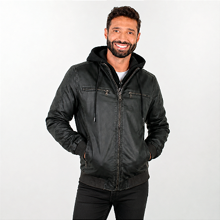 Jaqueta Masculina em PU Com Capuz Removível - Preta