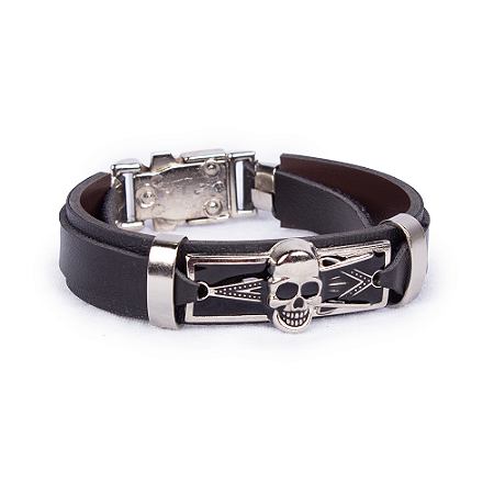 Pulseira Em Couro e Aço Inoxidável Caveira - Preta