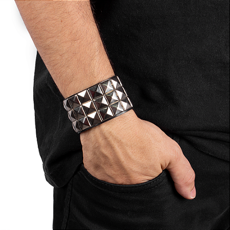 Pulseira Em Couro e Aço Inoxidável Punk - Preta