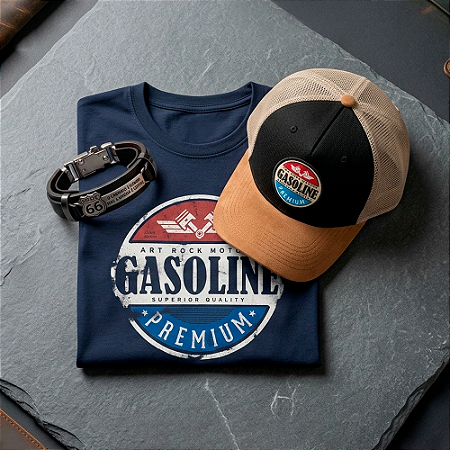 Kit Camiseta Gasoline + Boné Trucker + Pulseira Route 66.