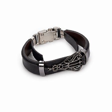 Pulseira Em Couro e Aço Inoxidável Nossa Senhora Aparecida - Preta