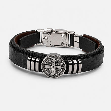 Pulseira Em Couro e Aço Inoxidável Medalha de São Bento - Preta