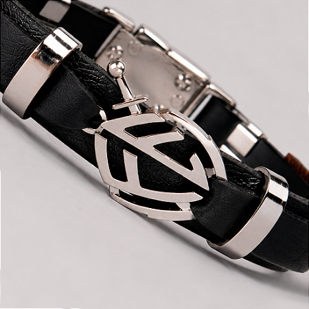 Pulseira Em Couro e Aço Inoxidável Escudo da Fé - Preta