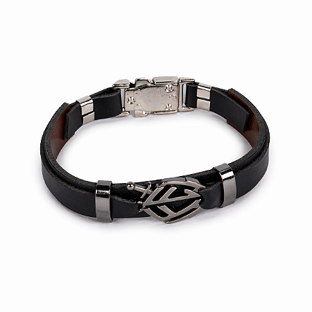 Pulseira Em Couro e Aço Inoxidável Escudo da Fé - Preta