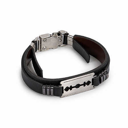 Pulseira Em Couro e Aço Inoxidável Lâmina de Barbear - Preta