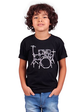 Camiseta Infantil Bateria Line Drum Preta.