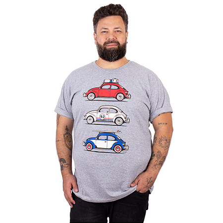 Camiseta Plus Size Fusca Trip Cinza Mescla.