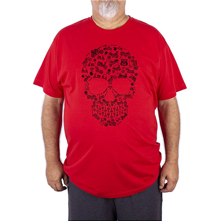 Camiseta Plus Size Caveira Moto Icon Vermelha.