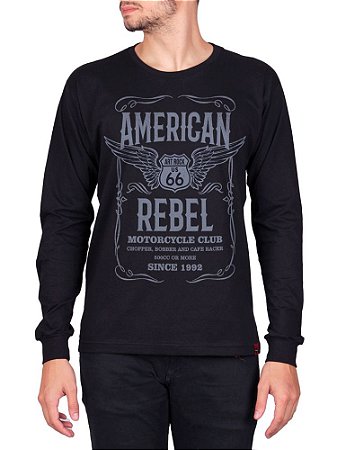 Camiseta Manga Longa Moto American Rebel Preta.