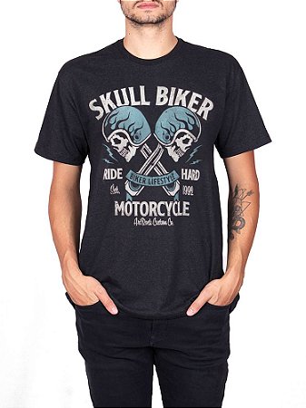 Camiseta Moto Skull Biker Preta Jaguar.