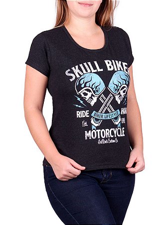 Camiseta Feminina Skull Biker Preta Jaguar