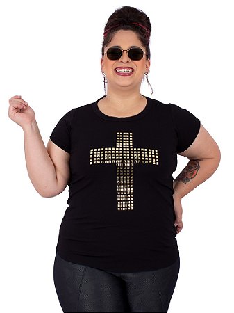 Blusa Plus Size Feminina Cruz Dourada Preta - Art Rock - Receba em Casa