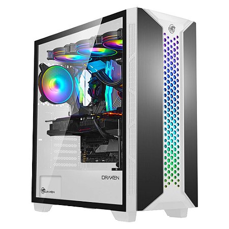 Gabinete Draxen Thalatha Aluminio, Mid Tower, Lateral de Vidro, Fita ARGB, Branco