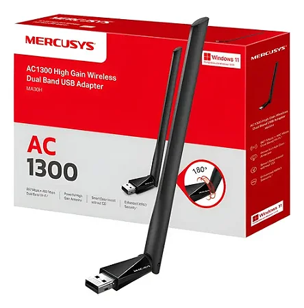 Adaptador Wireless USB Mercusys AC1300 com antena Dual Band 2.4ghz(400Mbps) E 5ghz(867Mbps)