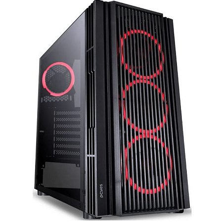 Gabinete PcYes Atmos, Mid Tower, Com 4 Fans vermelhos, Lateral em vidro temperado, Preto