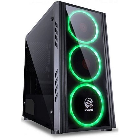 Gabinete PCYES Saturn, Mid Tower, Com 3 Fans LED verde, Lateral de Acrílico, Preto