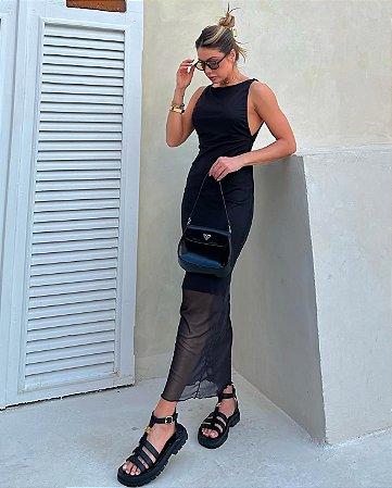 Vestido Tule Cavado Preto
